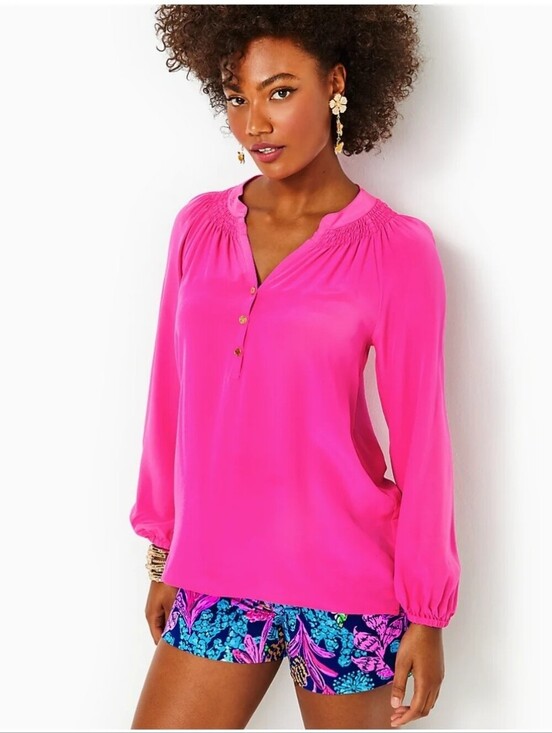 Lilly Pulitzer Tops - Lilly Pulitzer Elsa Roxie Pink 100% Silk Tunic Top Lightweight Preppy Popover